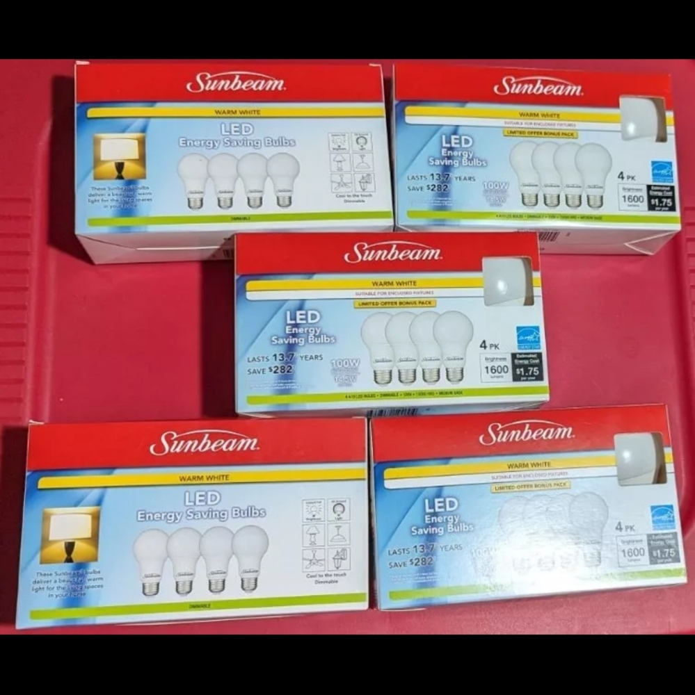 20 Sunbeam Dimmable LED Bulb 100W 3000K Warm White A19 Light Bulbs 5 Pack Lot